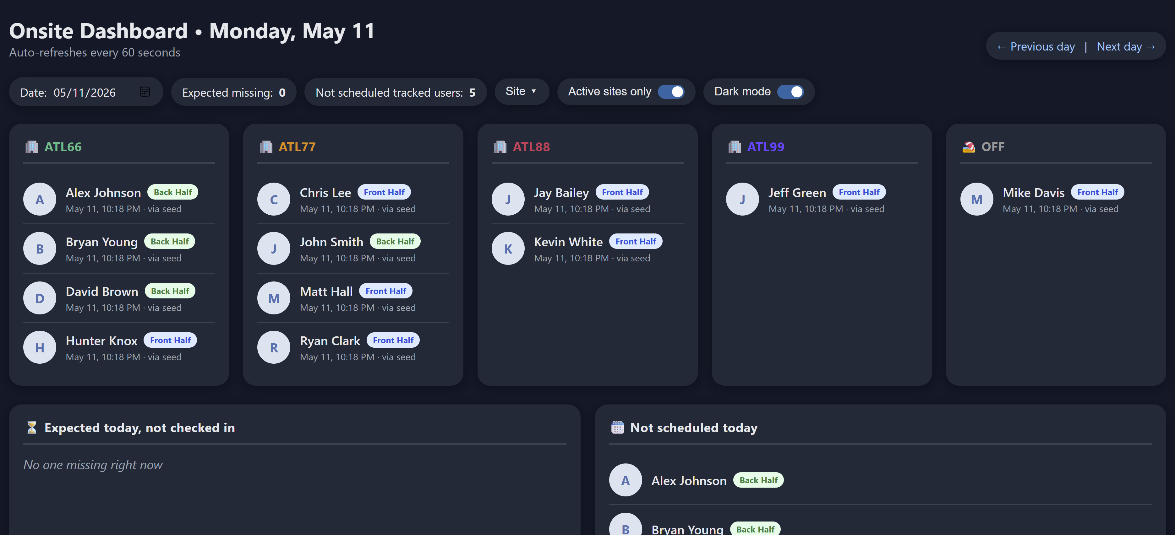 Dark mode screenshot of the onsite Slack automation app dashboard